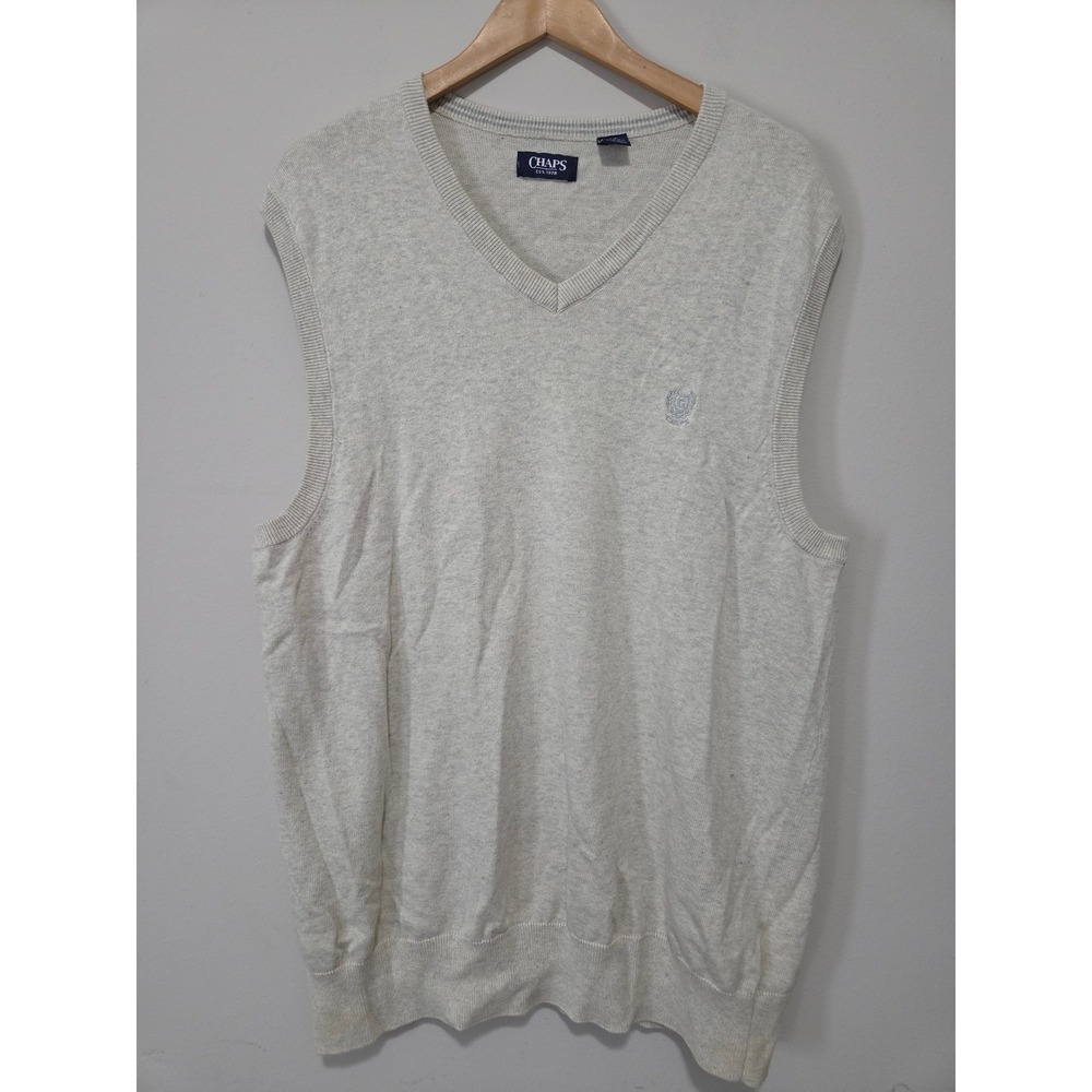 Chaps Mens V-Neck Sweater Vest Oatmeal Heather 100% Cotton Knit Large Tall LT